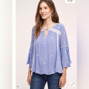 Anthropologie Embroidered Adena Top in sky blue